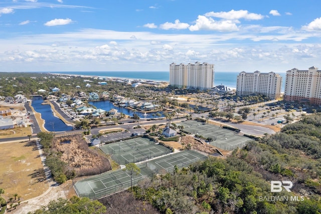 drone / aerial view with a water view and a city view