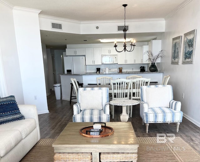 living room featuring ornamental molding, dark wood finished floors, and visible vents