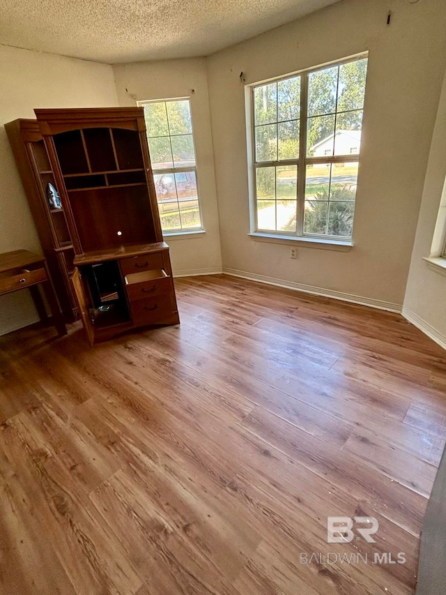 interior space with light hardwood / wood-style floors and a textured ceiling