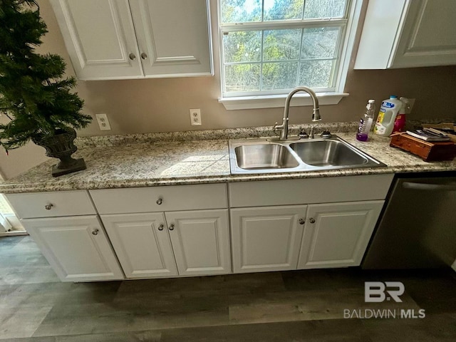 kitchen featuring white cabinets, wood-type flooring, dishwasher, and sink