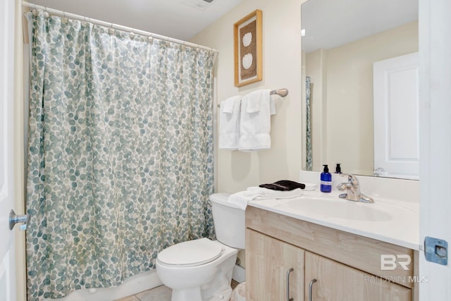 full bath with toilet, vanity, a shower with shower curtain, and tile patterned floors