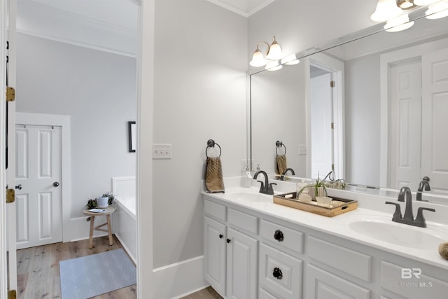 bathroom with vanity, wood-type flooring, and ornamental molding