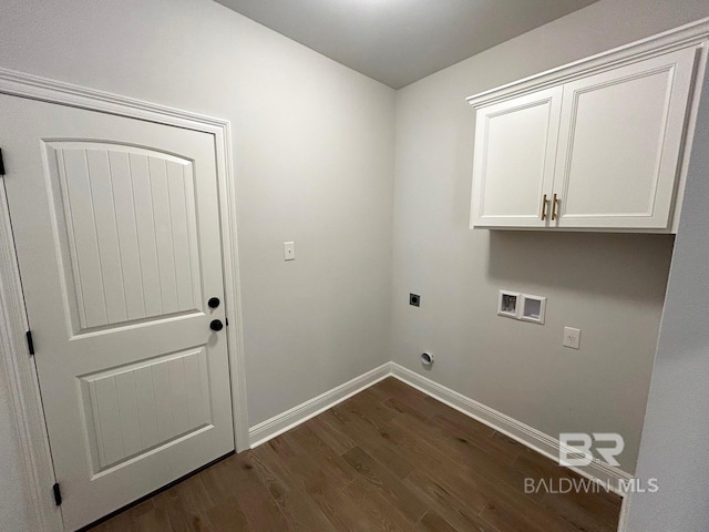 laundry area featuring cabinets, hookup for a washing machine, dark wood-type flooring, and electric dryer hookup