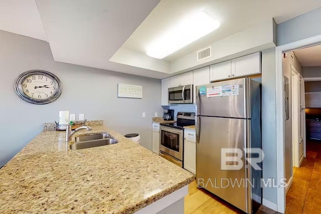 kitchen featuring white cabinets, sink, kitchen peninsula, appliances with stainless steel finishes, and light wood-type flooring