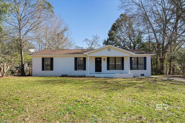 ranch-style house with a porch, a front yard, crawl space, and brick siding