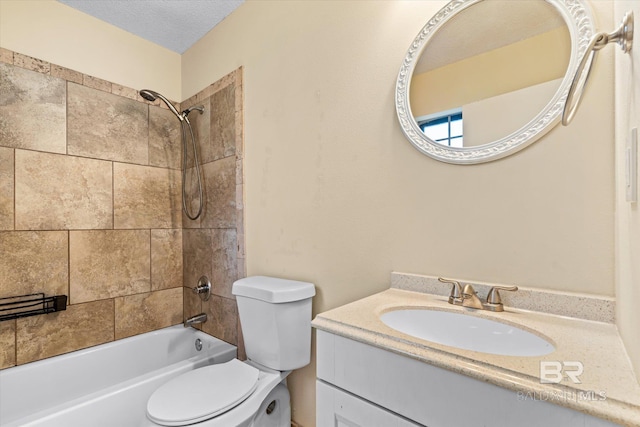 bathroom with toilet, shower / bath combination, a textured ceiling, and vanity