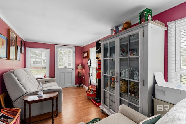 interior space with light hardwood / wood-style flooring and crown molding