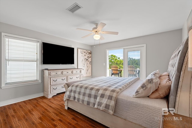 bedroom with wood-type flooring, access to outside, and ceiling fan