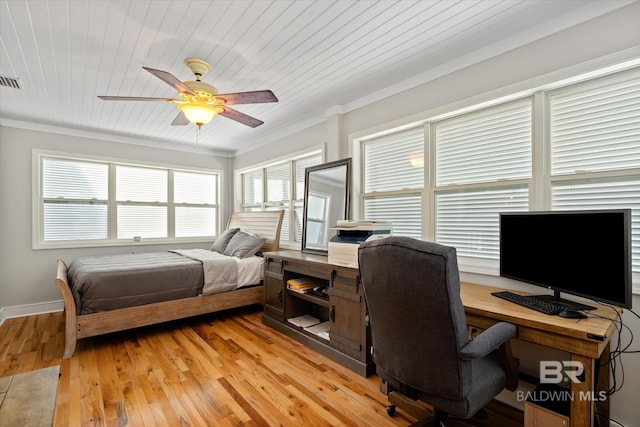 bedroom with crown molding, ceiling fan, wooden ceiling, and light hardwood / wood-style flooring