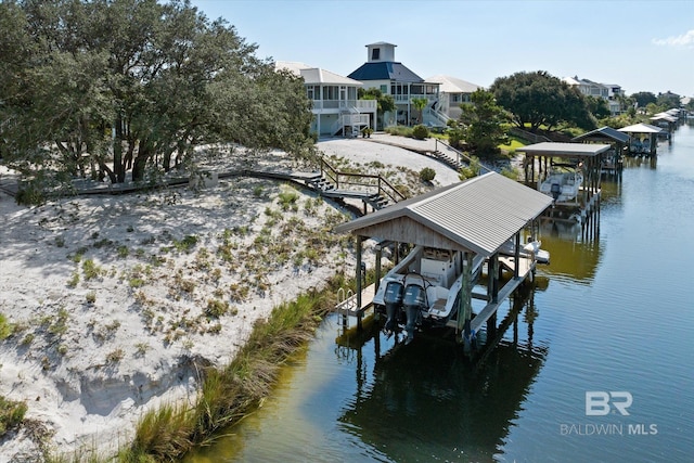 view of dock with a water view