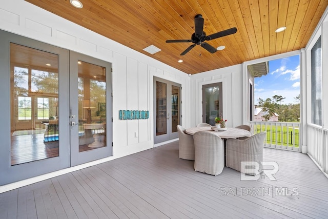 21151 Caveletti Cir, Fairhope, AL 36532 - sunroom with french doors, wood ceiling, hardwood / wood-style flooring, a wooden deck, and recessed lighting