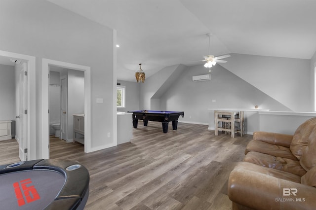 21151 Caveletti Cir, Fairhope, AL 36532 - recreation room featuring pool table, wood finished floors, ceiling fan, vaulted ceiling, and a wall mounted AC
