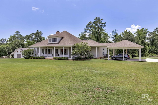 21151 Caveletti Cir, Fairhope, AL 36532 - view of front facade with covered porch, a carport, a chimney, and a front lawn