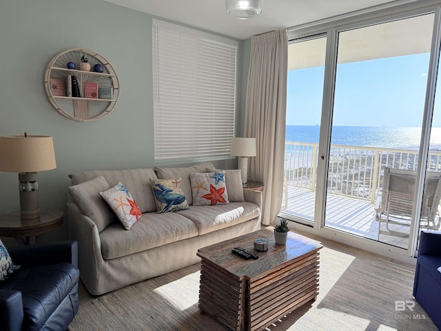 living room featuring a water view