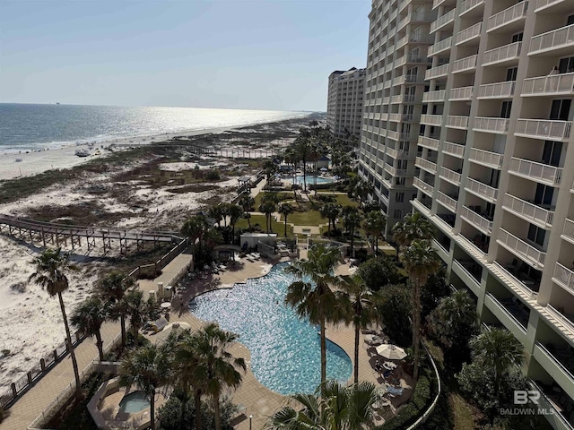 property view of water featuring a beach view