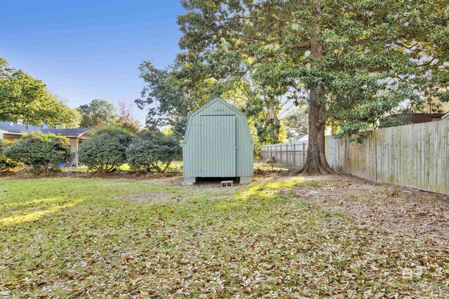 view of yard with an outbuilding, a storage shed, and fence