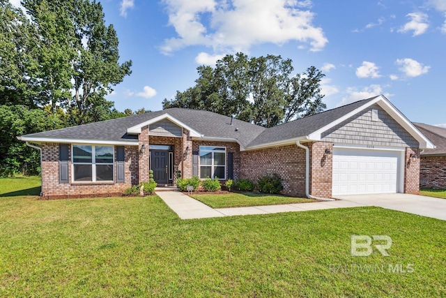 view of front of home with a front yard and a garage