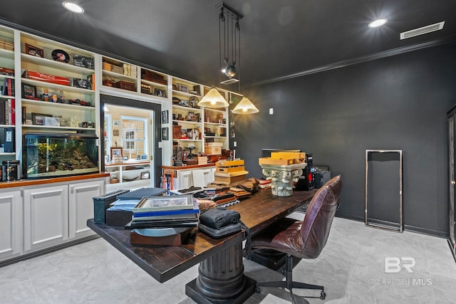 home office featuring ornamental molding