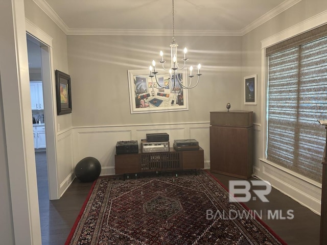 3872 Stafford Blvd, Gulf Shores, AL 36542 - office space with a chandelier, a decorative wall, ornamental molding, wood finished floors, and a wainscoted wall