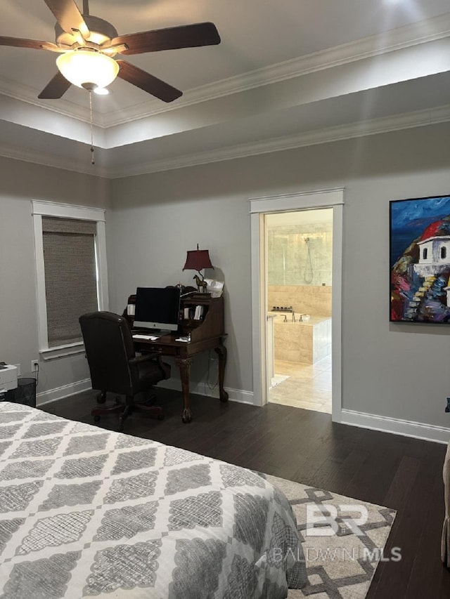 3872 Stafford Blvd, Gulf Shores, AL 36542 - bedroom with dark wood-style floors, ornamental molding, an office area, a ceiling fan, and a tray ceiling