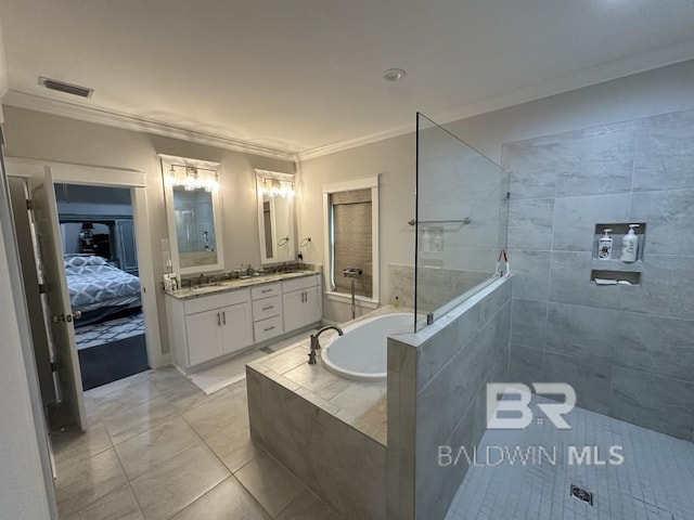 3872 Stafford Blvd, Gulf Shores, AL 36542 - full bath featuring ornamental molding, a bath, double vanity, a walk in shower, and connected bathroom