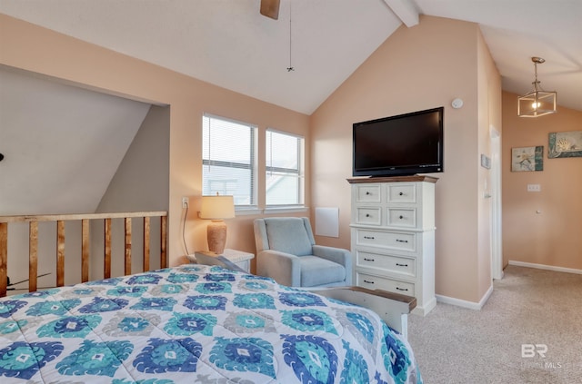 carpeted bedroom with vaulted ceiling with beams and ceiling fan