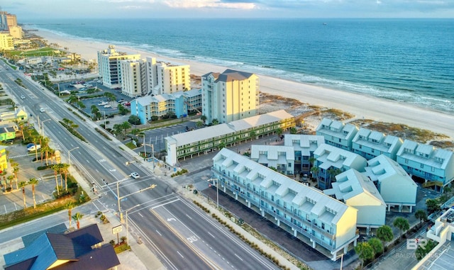 birds eye view of property with a view of the beach and a water view