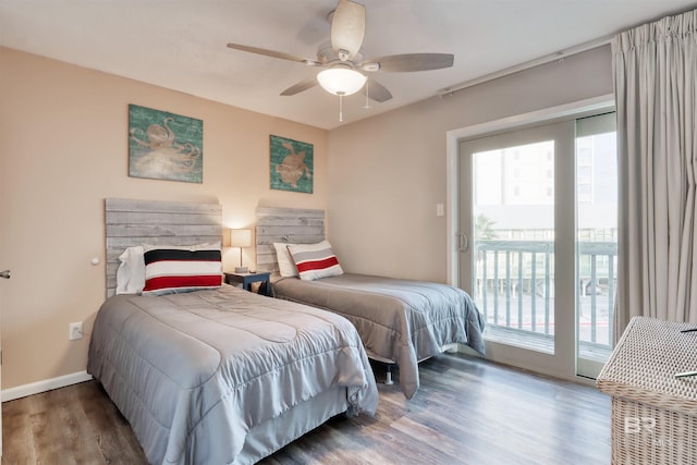 bedroom with ceiling fan, access to exterior, and wood-type flooring