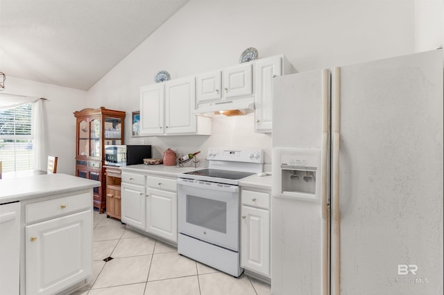 kitchen featuring white cabinets, high vaulted ceiling, white appliances, and light tile patterned floors