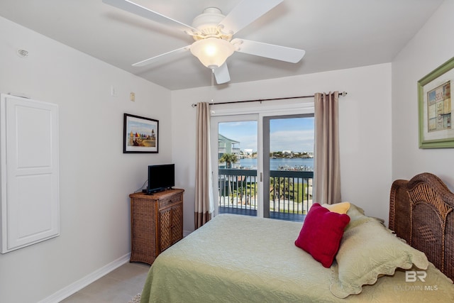 bedroom featuring ceiling fan, baseboards, access to exterior, and light tile patterned floors