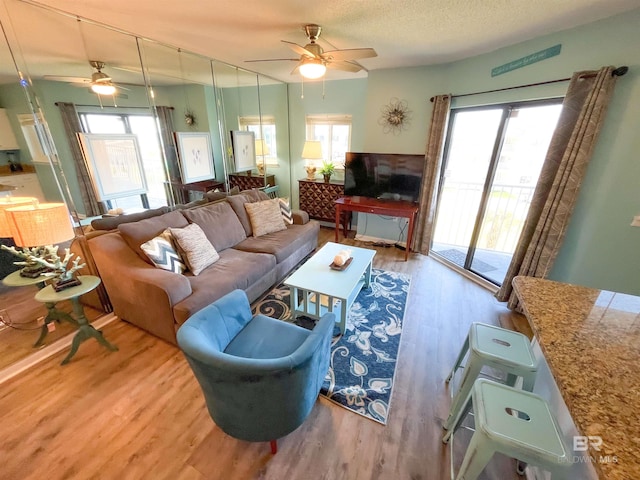 living room featuring light hardwood / wood-style floors, ceiling fan, and a wealth of natural light