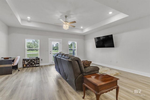 9983 Willet Way, Foley, AL 36535 - living room featuring a raised ceiling, light wood finished floors, a ceiling fan, recessed lighting, and an office area