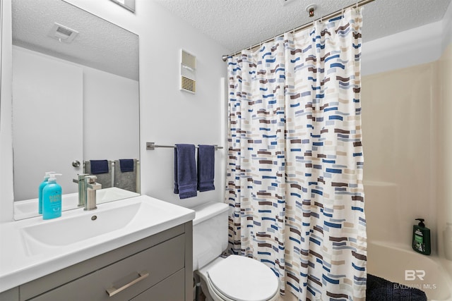 full bathroom featuring shower / bath combination with curtain, toilet, a textured ceiling, and vanity