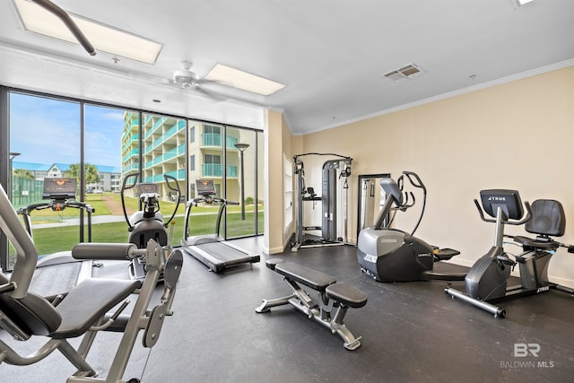 gym with ceiling fan and crown molding