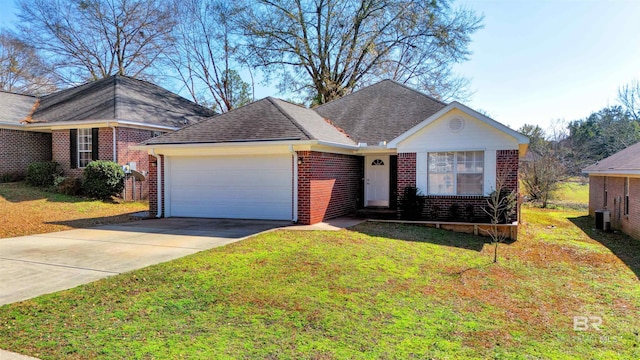 single story home featuring a garage, a front yard, and central air condition unit