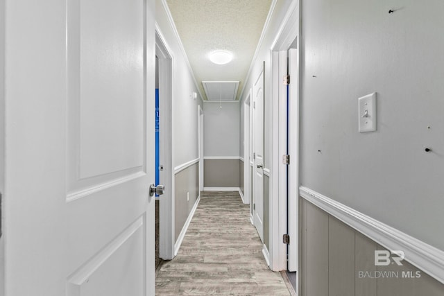 hallway with light hardwood / wood-style floors and a textured ceiling