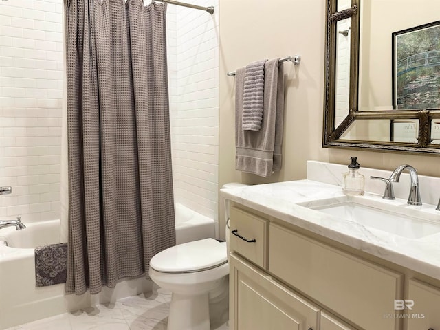 full bathroom with vanity, toilet, and shower / bathtub combination with curtain