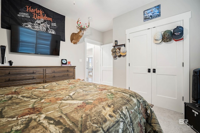 bedroom with carpet flooring and a closet