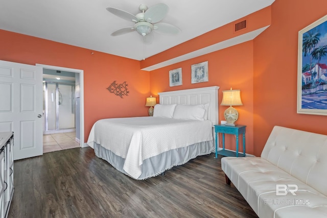 25250 Perdido Beach Blvd Unit 304E, Orange Beach, AL 36561 - bedroom with visible vents, dark wood finished floors, and a ceiling fan