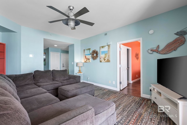 25250 Perdido Beach Blvd Unit 304E, Orange Beach, AL 36561 - living area featuring visible vents, baseboards, a ceiling fan, and wood finished floors