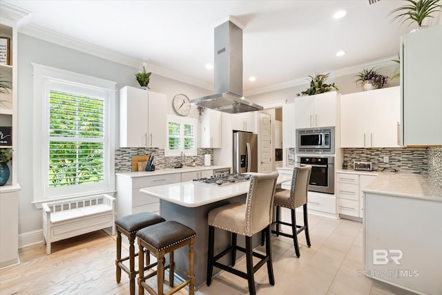 kitchen with white cabinets, tasteful backsplash, appliances with stainless steel finishes, and island range hood