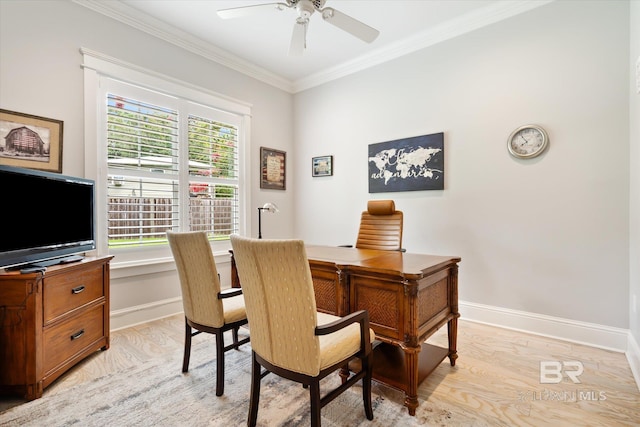 office space featuring crown molding, light hardwood / wood-style flooring, and ceiling fan