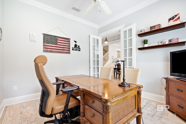 home office featuring crown molding and ceiling fan