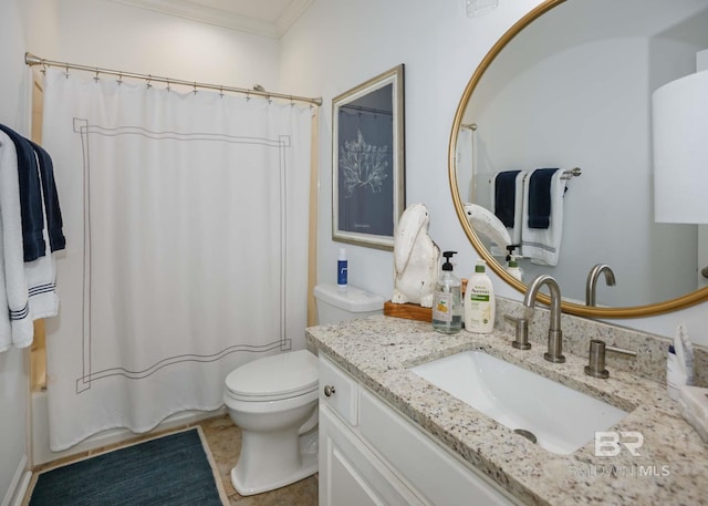 full bathroom with ornamental molding, shower / bath combo, vanity, and toilet
