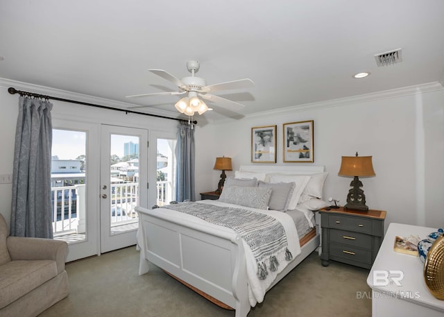 bedroom featuring ceiling fan, light carpet, visible vents, access to exterior, and crown molding