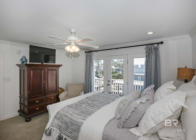 bedroom with light carpet, baseboards, ceiling fan, access to exterior, and crown molding