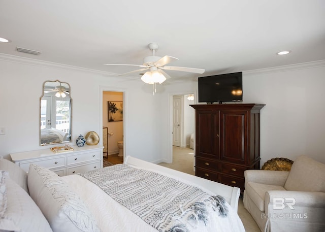 bedroom with recessed lighting, visible vents, light colored carpet, ornamental molding, and ceiling fan