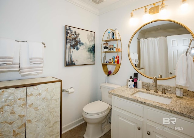 full bathroom with ornamental molding, a shower with shower curtain, vanity, and toilet