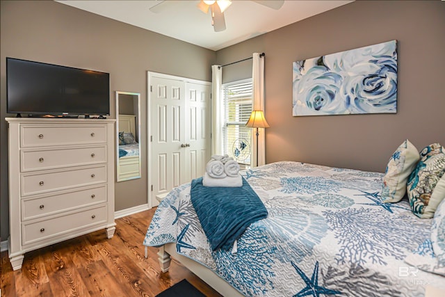 bedroom with ceiling fan, hardwood / wood-style flooring, and a closet