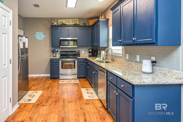 kitchen featuring blue cabinets, backsplash, stainless steel appliances, light wood-type flooring, and sink